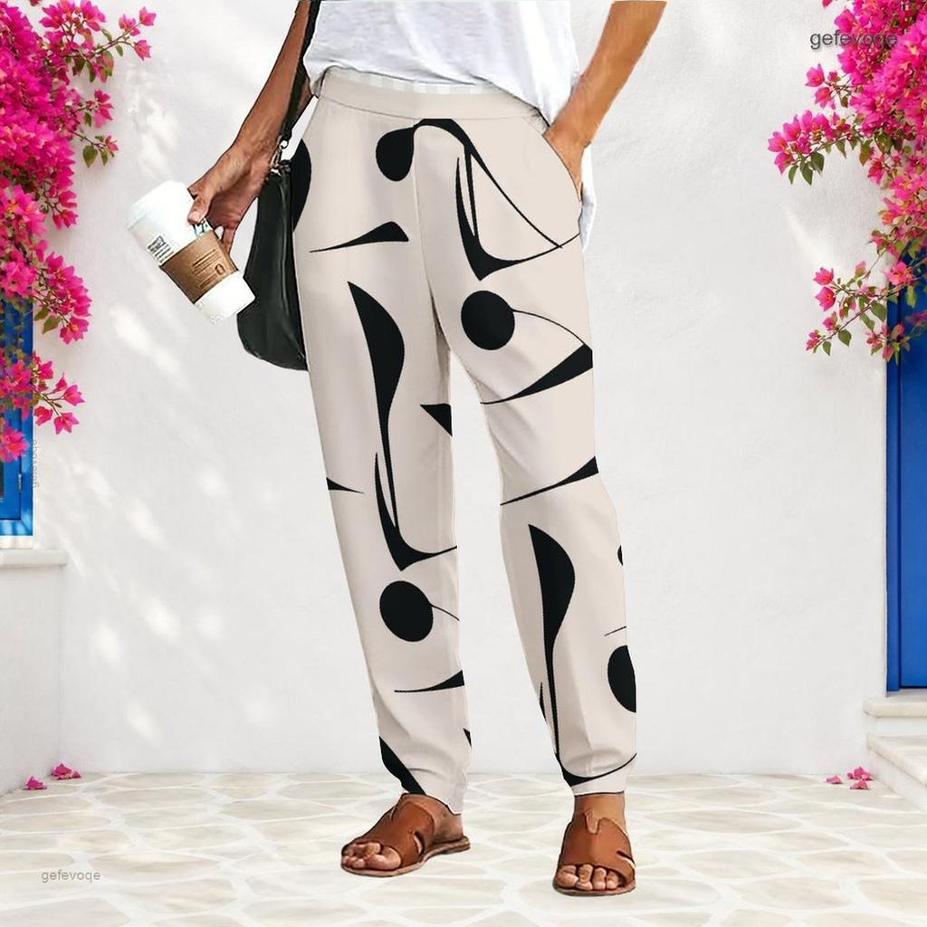 Women Plus Size Loose Straight Long Pants Blue White Printed With Pockets