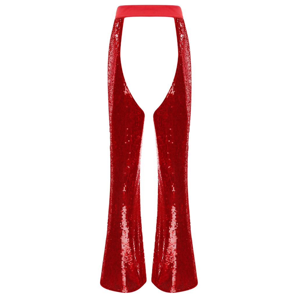 Damskie Halloweenowe Błyszczące Sequiny Koniarskie Chapsy Regulowany Pas Krocze Wycięte W Pełni Podszewka Rozszerzane Spodnie