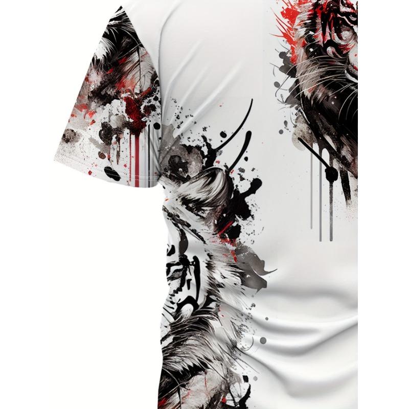 Fashion Men's T-Shirt 3D Ink Splash Tiger Print Short Sleeve Round Neck Casual Graphic Tee Streetwear Top Summer Clothes Gift
