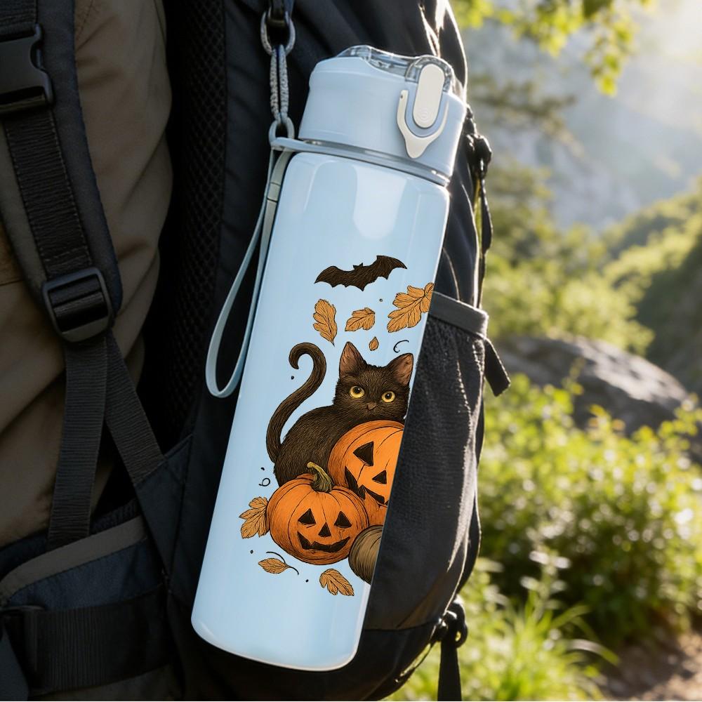 1PC Halloween Black Cat Pumpkin Group 750ml Color Plastic Sports Water Bottle Leakproof Flip Straw Lid Suitable for Sports Office Home Use