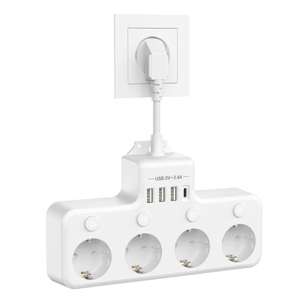 

4 USB Ports EU Plug Power Strip 4 AC Outlets Surge Protector Power Extension Cord Desktop Charging білий