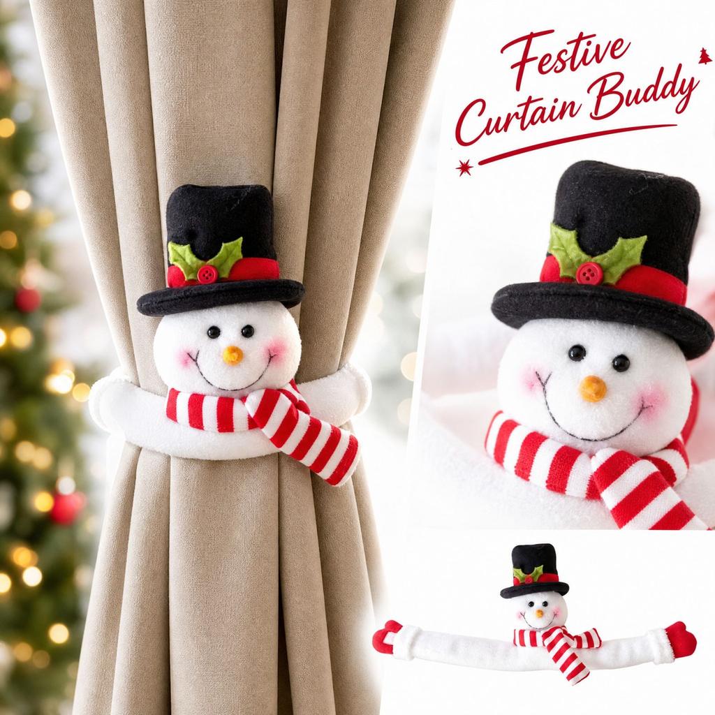 Fabric Curtain Tiebacks and Snowman Doll Design for Christmas Holiday Window Decoration