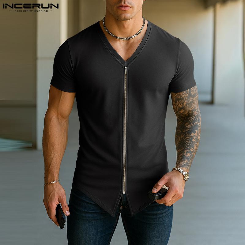 

INCERUN Men V Neck Zipper Short Sleeve Irregular Casual Fitted T-shirts S чёрный