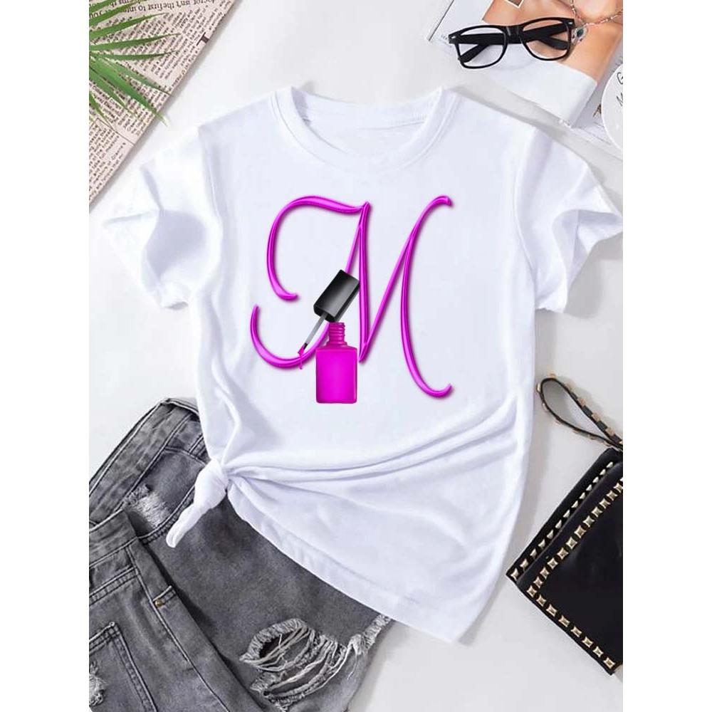 Letter combination fashion women's T-shirt nail polish letter font short sleeve top women's T-shirt
