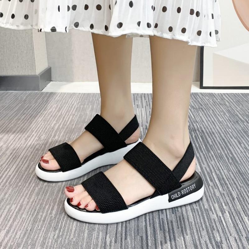 

Fashion Women s Fashion Trend Anti-slip Wear Elastic Elasticity Comfortable Matching Color Sole Pure Black Shoelace Flat Sandals 35 чёрный