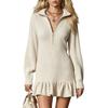 Women's Half Zip Collar Long Sleeve Ruffle Trim Short Dress for Everyday Casual Wear