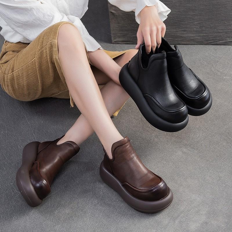Fashion GKTINOO 2025 Autumn New Genuine Leather Thick Soled Ankle Boots Retro Round Toe Height Increasing Women's Platform Shoes