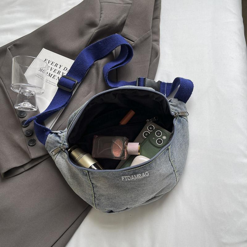 Geantă de piept din denim pentru femei, geantă de umăr cu capacitate mare, geantă de talie