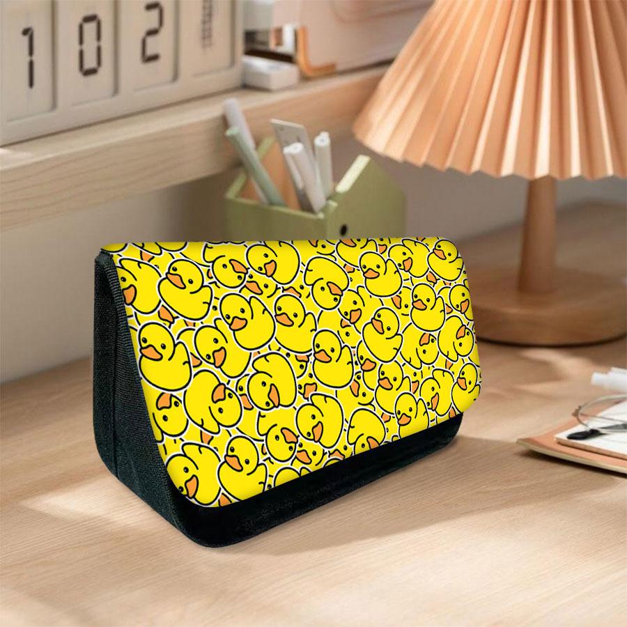 New Yellow Duck Triangle Double-layer Flip Pen Case for Boy/Girls Best Gifts 2D Flat Cartoon Pen Bag School Supplies