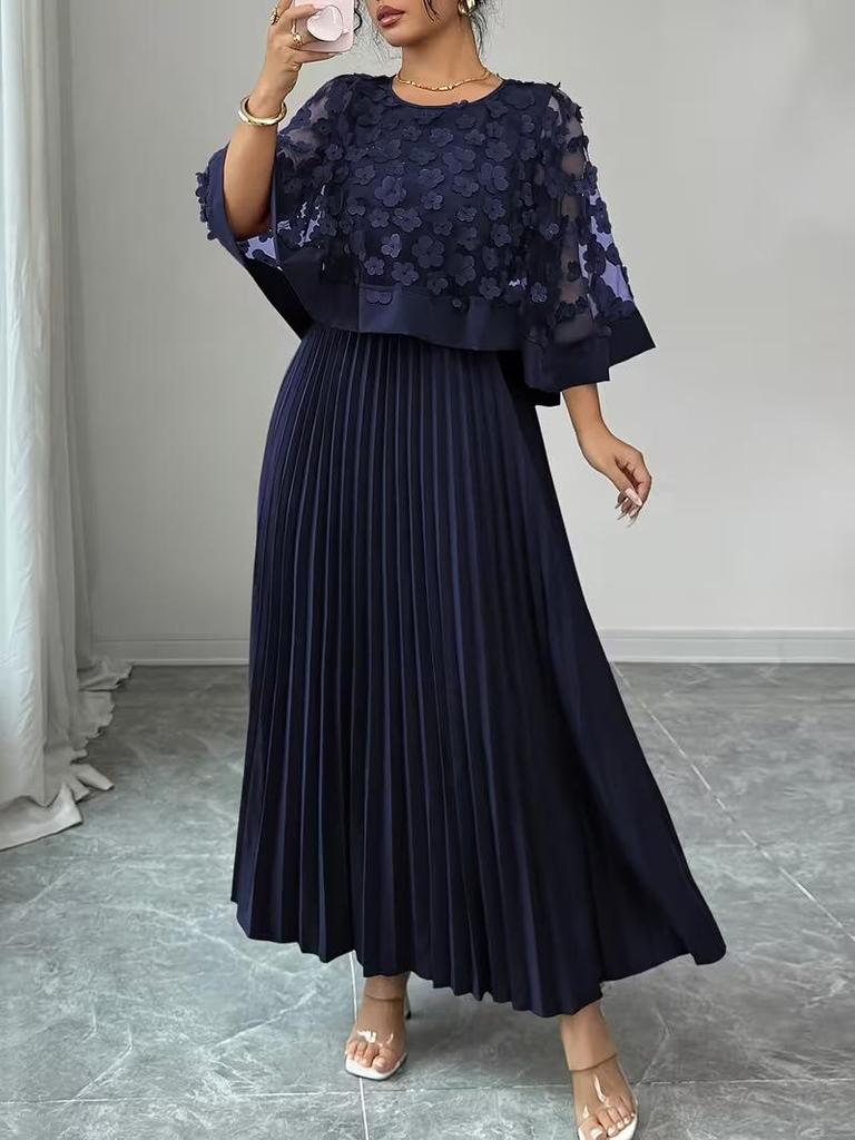 Women's Elegant 3D Floral Mesh Patchwork A-Line Dress with Pleated Skirt