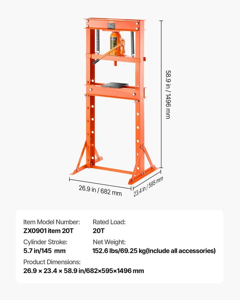 20 T Hydraulic Shop Press Hydraulic Press with Press Plate for Bending