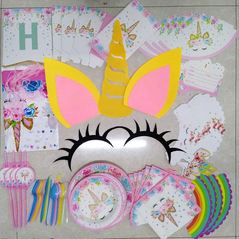 WEIGAO Unicorn Party Accessories Rainbow Unicorn Balloons Latex Balloon Girl Birthday Party Decor Unicorn Headband Cake Toppers