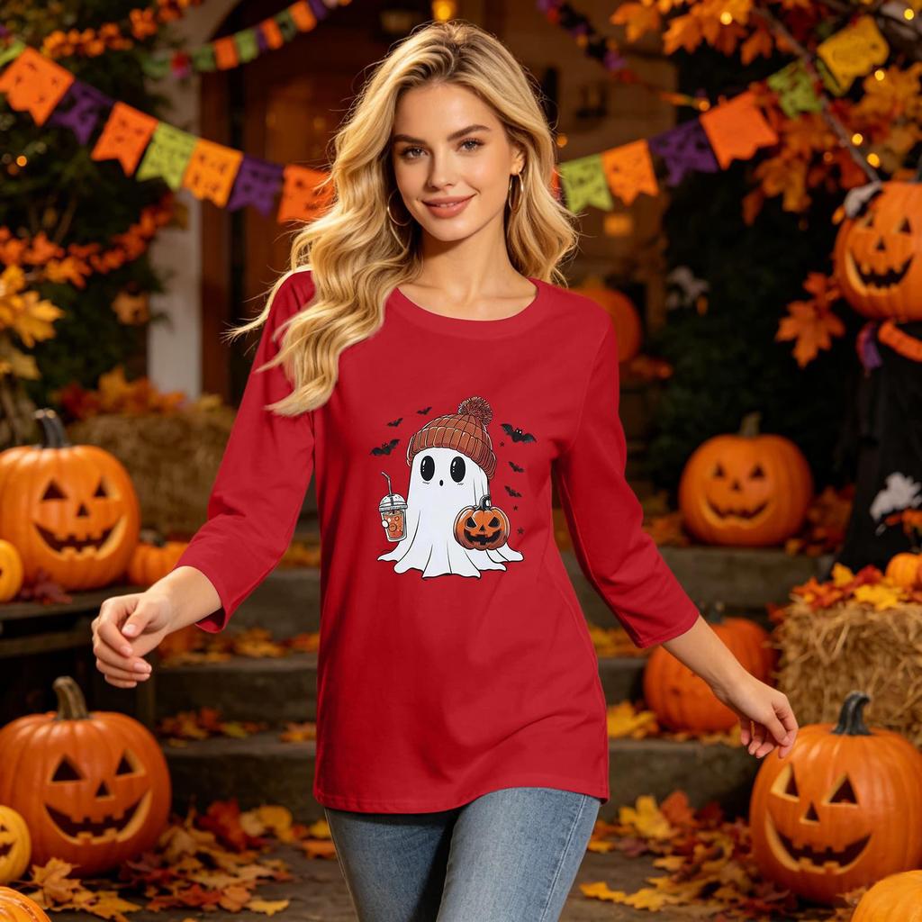 Women's Fashion Casual Halloween Print Three-Quarter Sleeve Neck Top for Fall Festive Wear
