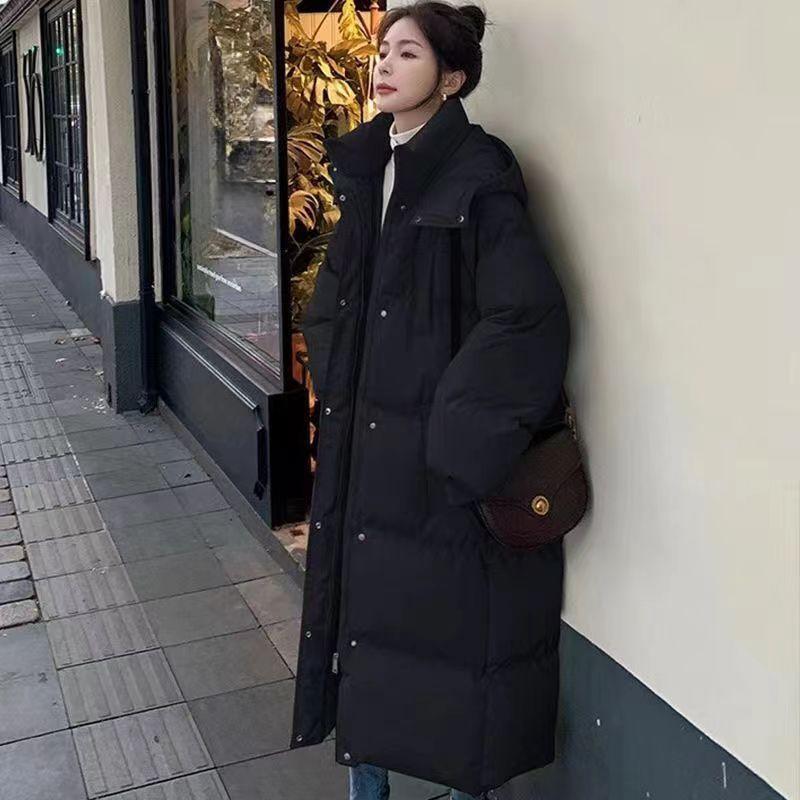 

Корейская мода Женское зимнее толстое средней длины свободное пуховое пальто Теплая куртка выше колена XXL чёрный