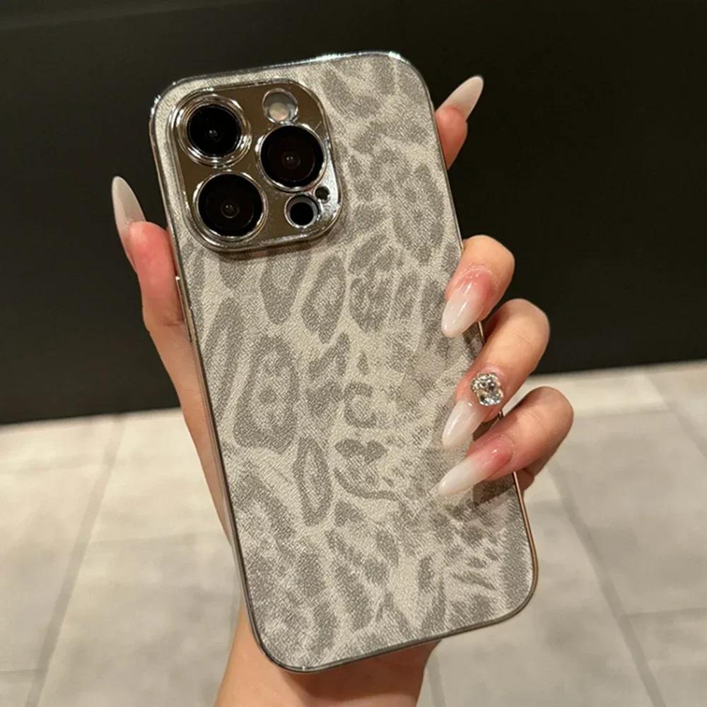 Luxury Leopard Metal Plating Learther Case for iPhone 16 14 11 13 12 15 Pro Max 15 Plus 16Pro Camera Protector Hard Funda Cover