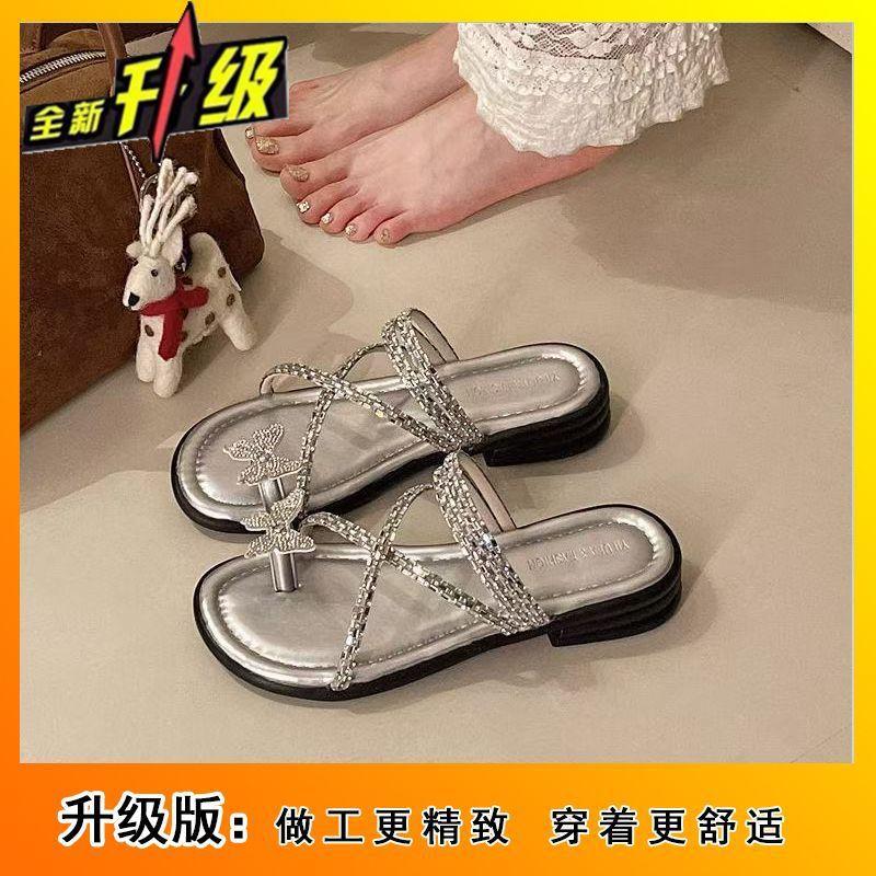 2025 new French rhinestone fairy slippers female summer wear flat bottom cover toe beautiful with skirt beach sandals female
