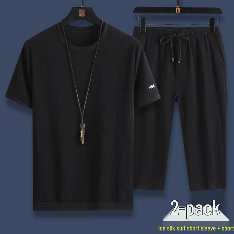

Мужской летний повседневный спортивный костюм из ледяного шелка - Комплект из двух предметов: футболка с коротким рукавом и шорты L
