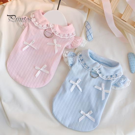 No Harness Needed Dog Wear Cute Girl T-Shirt, Sweet Lace Trim Pet Shirt with Bowknots, Collar Short Flying Sleeves, Summer Female Outfit for