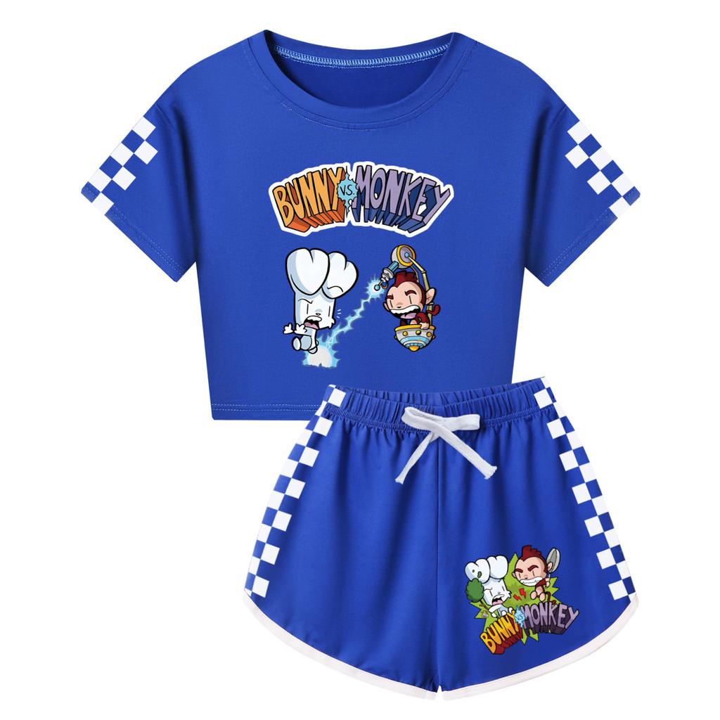 4187 Children Girls Bunny Monkey Print Short Sleeves T-Shirt Shorts Pants Tracksuit Clothes Set