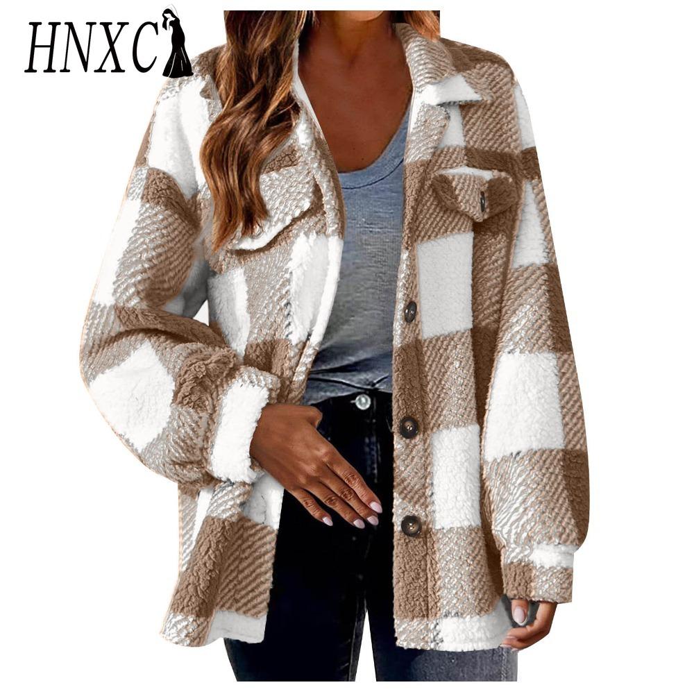 HNXC Damen Vintage Lässig Karomuster Herbst Winter Langarm POLO Kragen Jacken & Mäntel