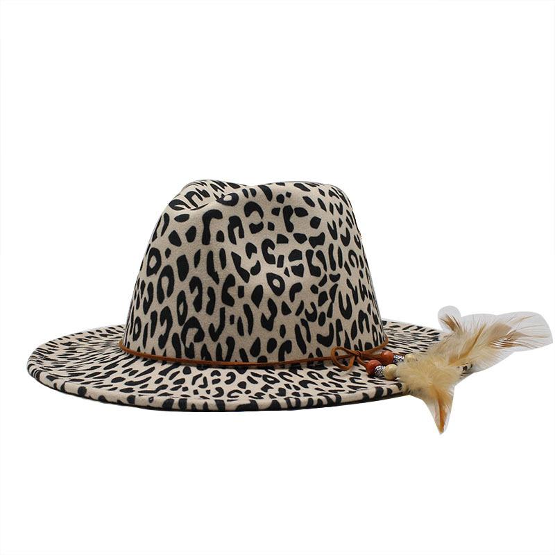 Woolen Leopard Print Top Hat, Flat-Brimmed Big Eave Hat, Couple Hat, Feather Jazz Hat.