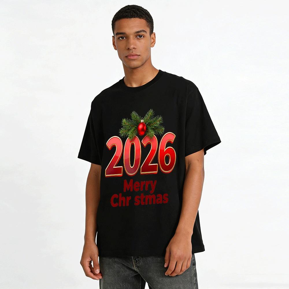 Merry Christmas 2026 Print Casual Top Festive Long Sleeve Tee Pure Cotton T-shirt