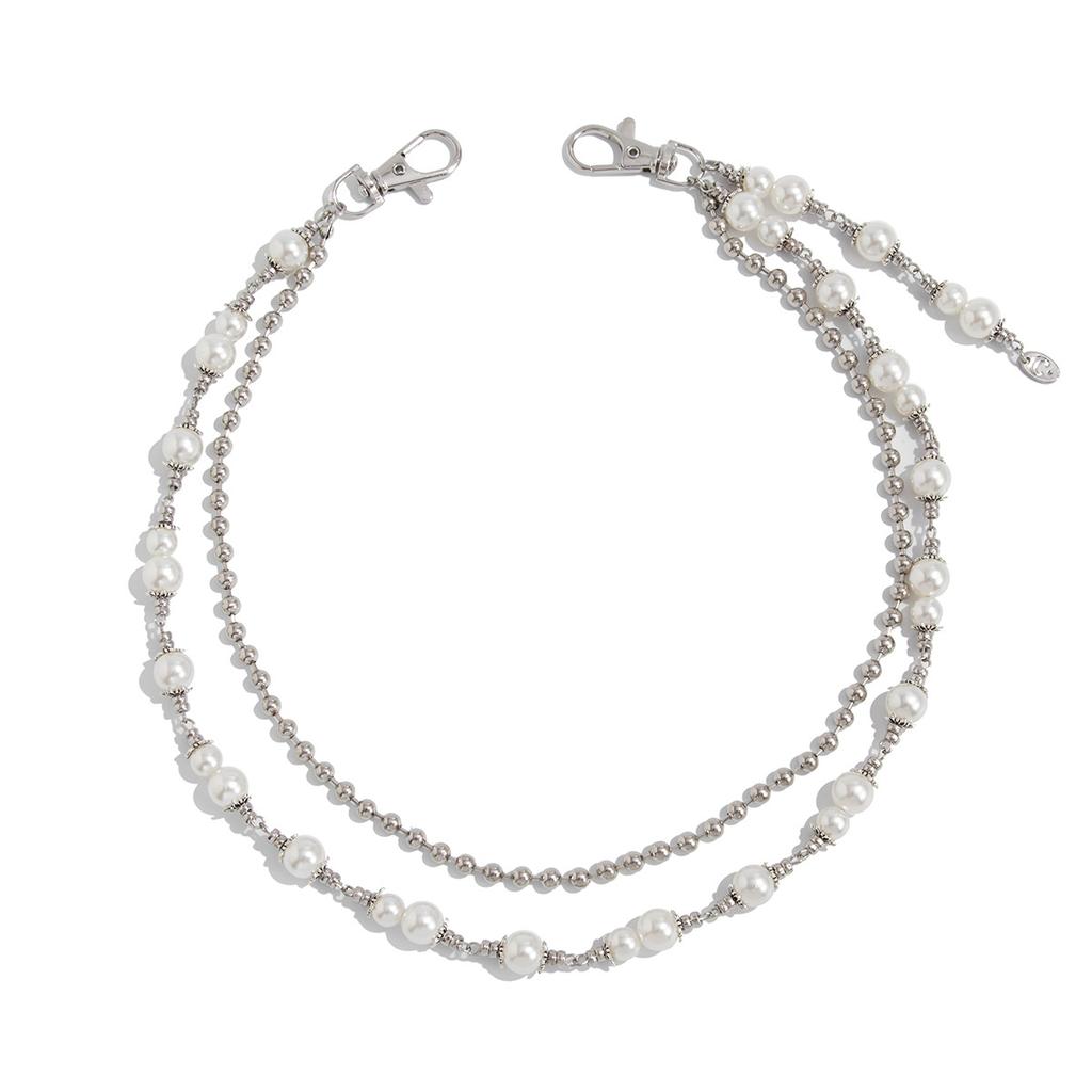 Hip-Hop Metal Cross Pendant Trouser Chain, Fashionable Imitation Pearl Beaded Chain Waist Pendant.