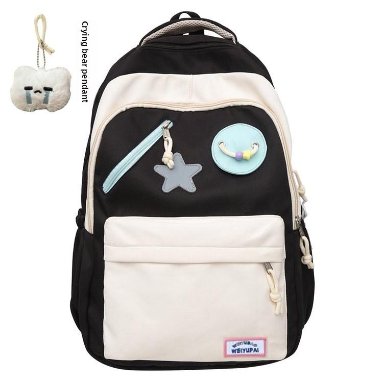 Blocked Cute Color Star Collage Student Backpack And Shoulder Bag With Pendant