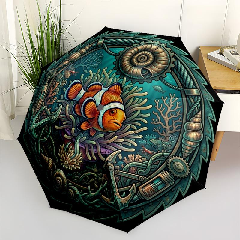 Oceanic Mechanical Wonder Pattern Umbrella, Portable and Foldable Design, 8 Ribs, a Casual Accessory for Halloween, Christmas, and Birthday Gifts.