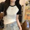Niche retro T-shirt women's splicing contrasting short top summer shoulder sleeves American sweet and spicy small short sleeves