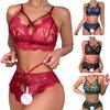 2 Pcs/Set Sexy Underwear Hollow Out Lace Solid Color Wireless Unpadded Open Crotch Elastic Bow Decor Multi Straps Soft