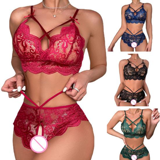 2 Pcs/Set Sexy Underwear Hollow Out Lace Solid Color Wireless Unpadded Open Crotch Elastic Bow Decor Multi Straps Soft