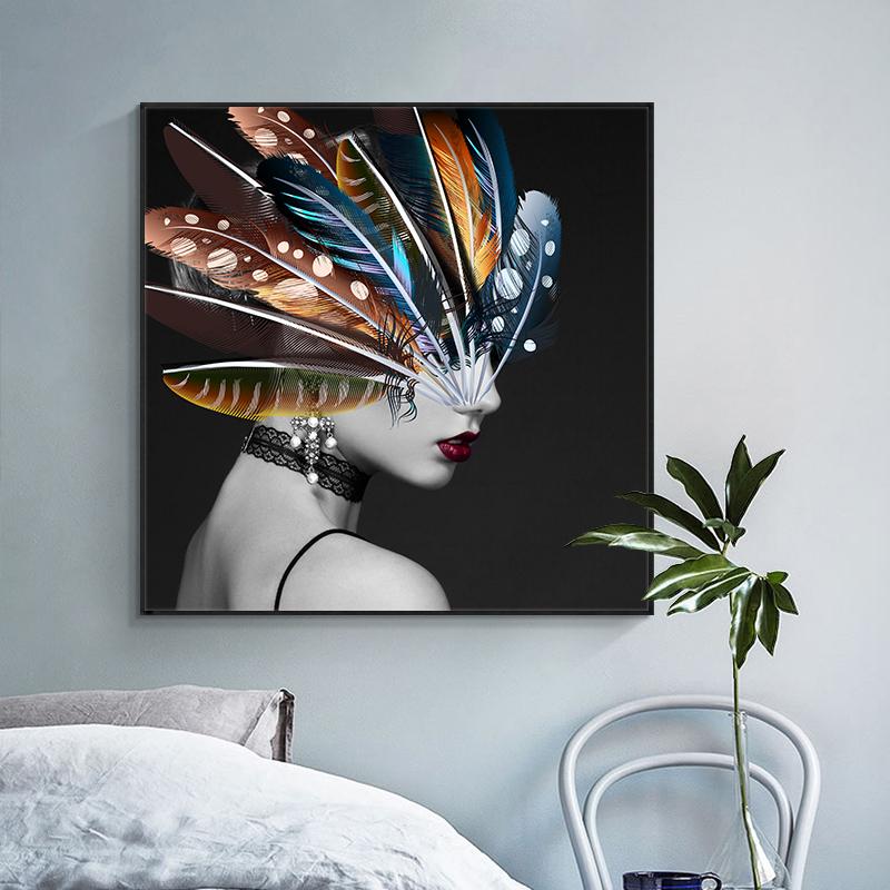 Portrait Art Canvas Paintings On The Wall Posters And Prints Girl with Feather Canvas Prints Home Wall Decorative Pictures