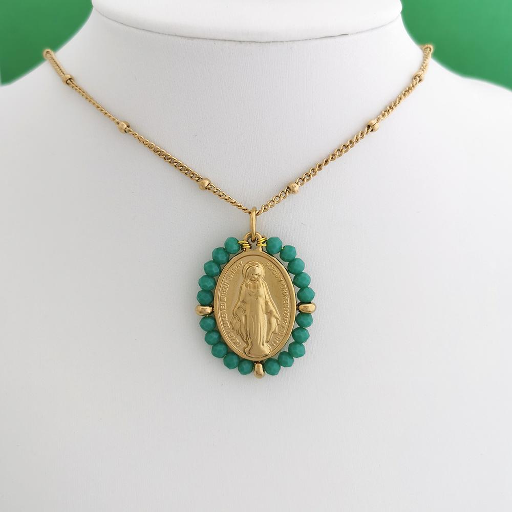 QMHJE Virgin Mary Stainless Steel Pendant Necklace Women Choker Beads Chain Oval Round Charm Gold Color Jewelry White Black