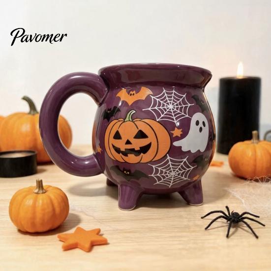 Einzigartige Büro-Kaffeetasse Halloween Hexe Kessel Tasse, 360ml Geist Kürbis Spinnennetz Muster Feiertagsgeschenk für Enthusiasten Keramiktasse, Gruselig
