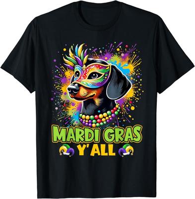 Dackel Hund Mardi Gras Y'all Mit Perlen Maske Buntes T-Shirt Männer Frauen Kind
