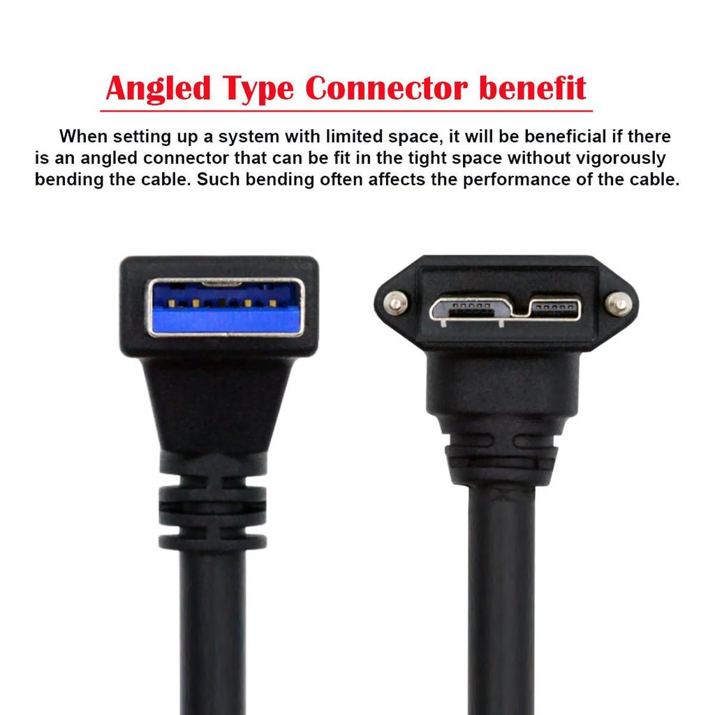 Cablecc USB A Male Down Angled 90 Degree To Plug Up Angle Lock Screw Panel 25cm 3.0 Micro-B 3.0 Cable,