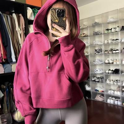 Herbst und Winter Kurzer Pullover Halber Reißverschluss Kapuze Locker Oberteil Yoga Jacke Pullover
