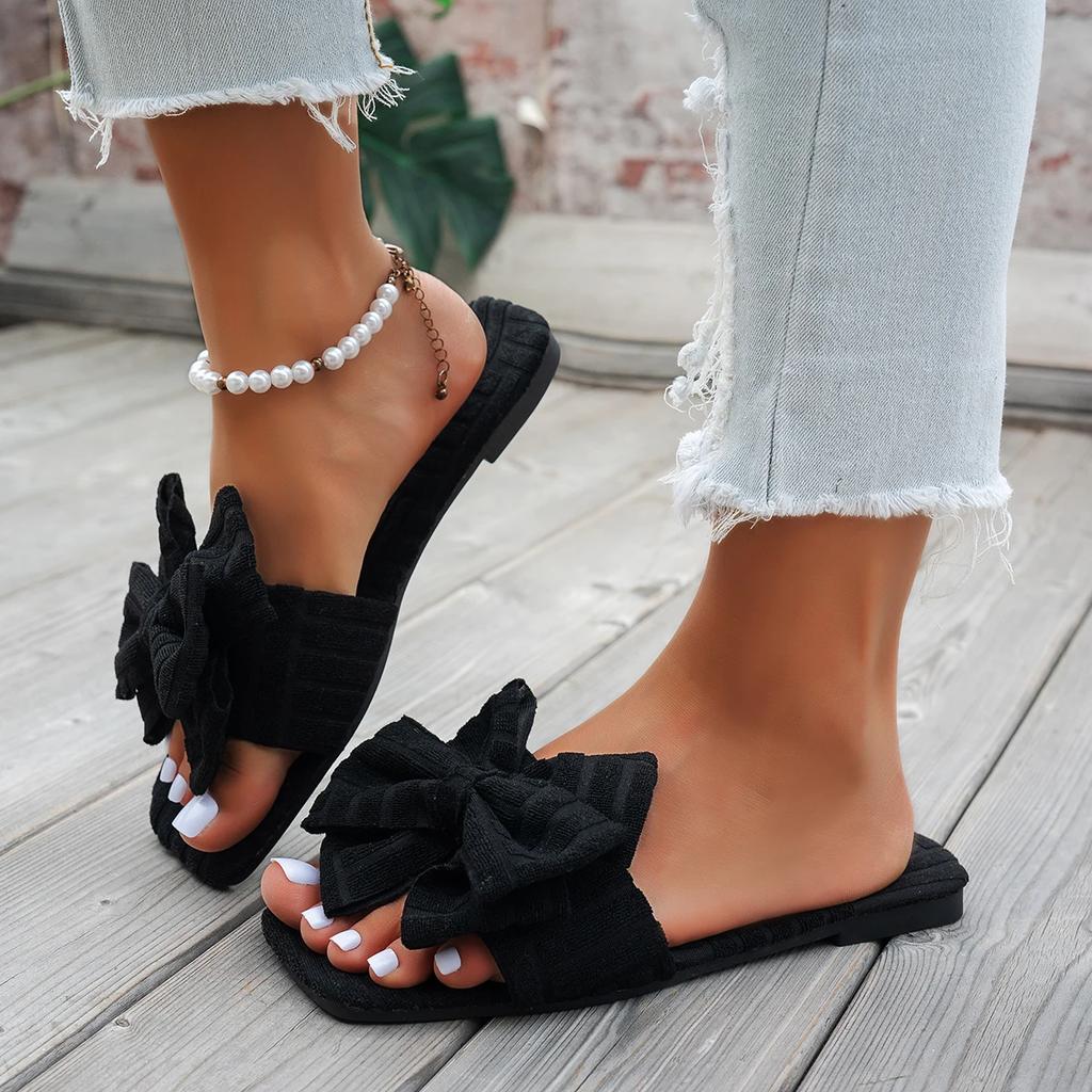 Fashion Women Bow Knot Slippers Casual Silent Sandals Trend Slip On Room Shoes Women Indoor Light Anti Slip Slippers Home Slides Women