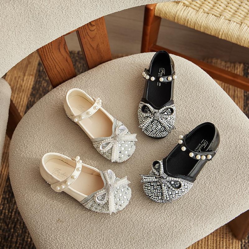 Girls Leather Shoes for Wedding Party Kids Stage Shoes Rhinestone with Pearls Bow-knot Princess Dress Shoes High-heel Model Shoe