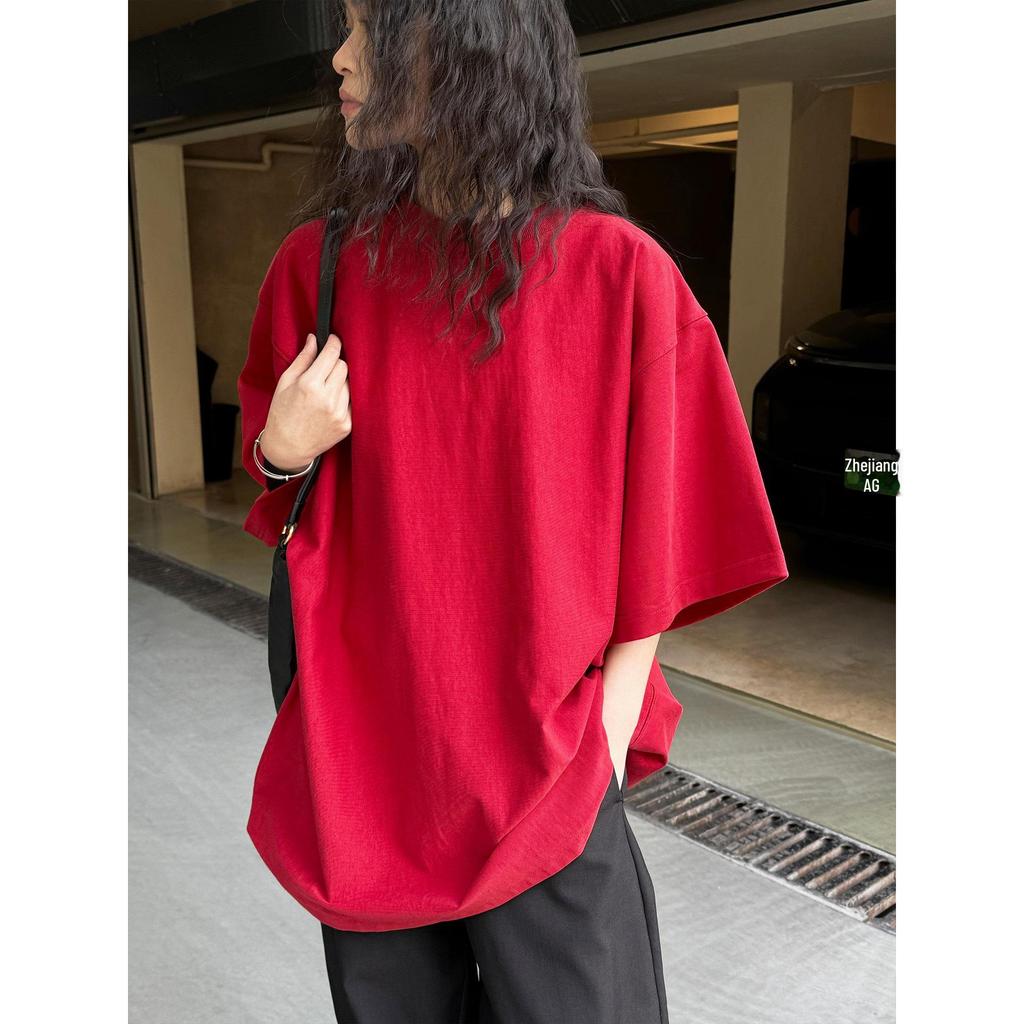 Louvre Spring Oversized Basic Solid Color Drop Shoulder T-shirt for Women