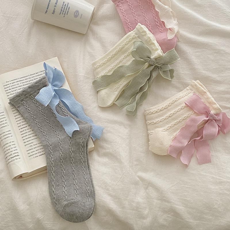 5 Pairs of Women's Spring Thin Breathable Heel Tie Bow Pile Socks