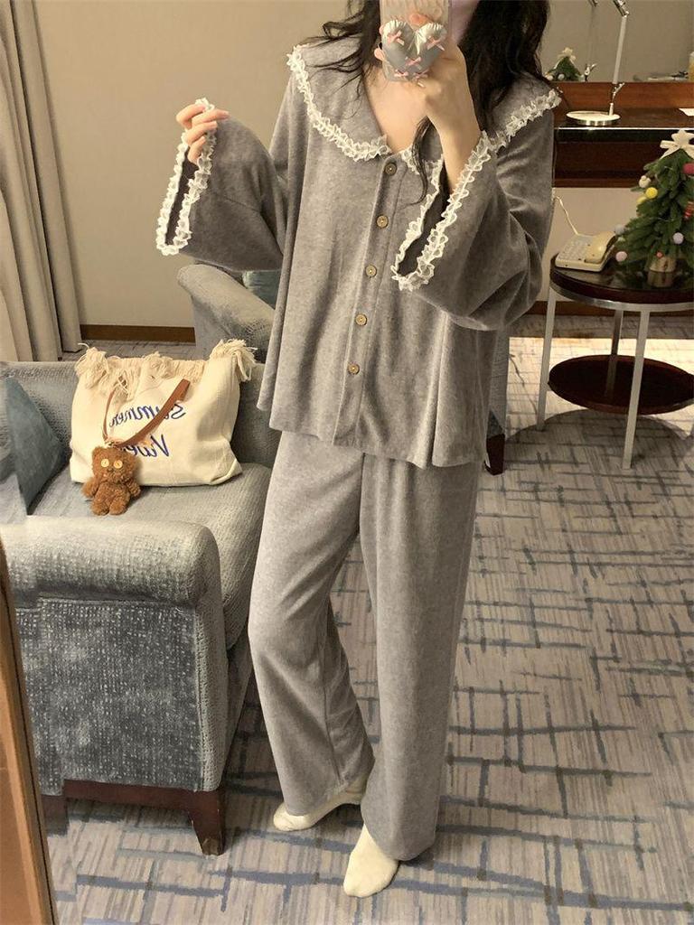 Korean Style Pajama Set: Women's Cute Lace Doll Collar, Long Sleeve & Pants for Spring/Autumn