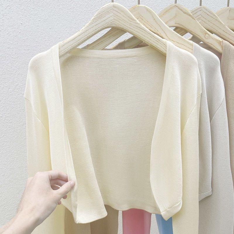 

Черный тонкий трикотажный кардиган из ледяного шелка для женщин с юбкой на бретелях, летняя верхняя блузка для защиты от солнца, рубашка для кондиционирования воздуха, куртка-шаль one size fits all абрикосовый