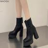 British Style Women's Heeled Ankle Boots Back Zipper Platform Anti-Slip Sole Korean Fashion Casual Short Booties Black Leather