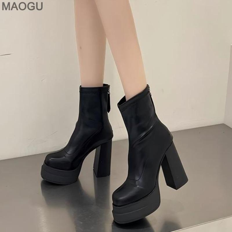 British Style Women's Heeled Ankle Boots Back Zipper Platform Anti-Slip Sole Korean Fashion Casual Short Booties Black Leather