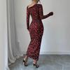 European & American Leopard Print Round Neck Long Sleeve High Waist Dress