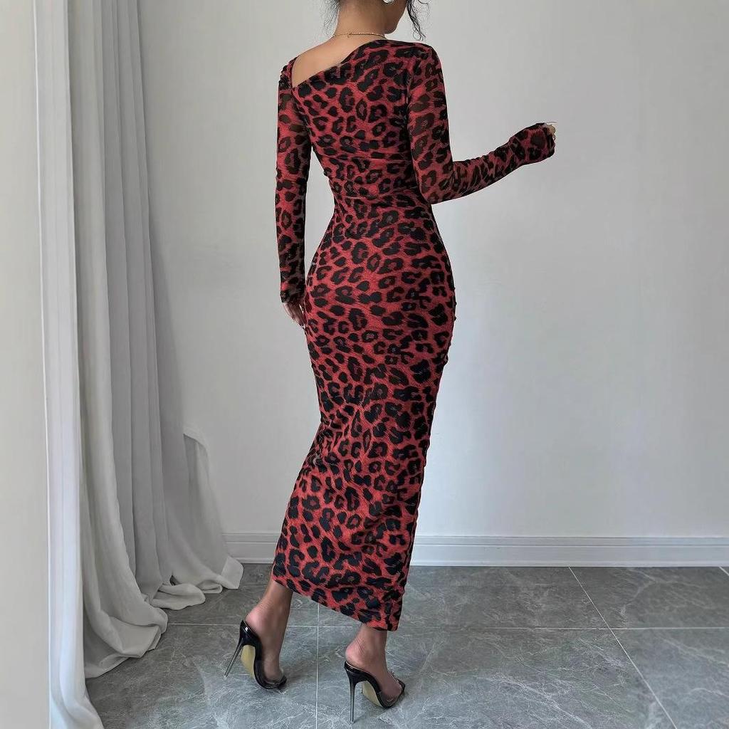 European & American Leopard Print Round Neck Long Sleeve High Waist Dress