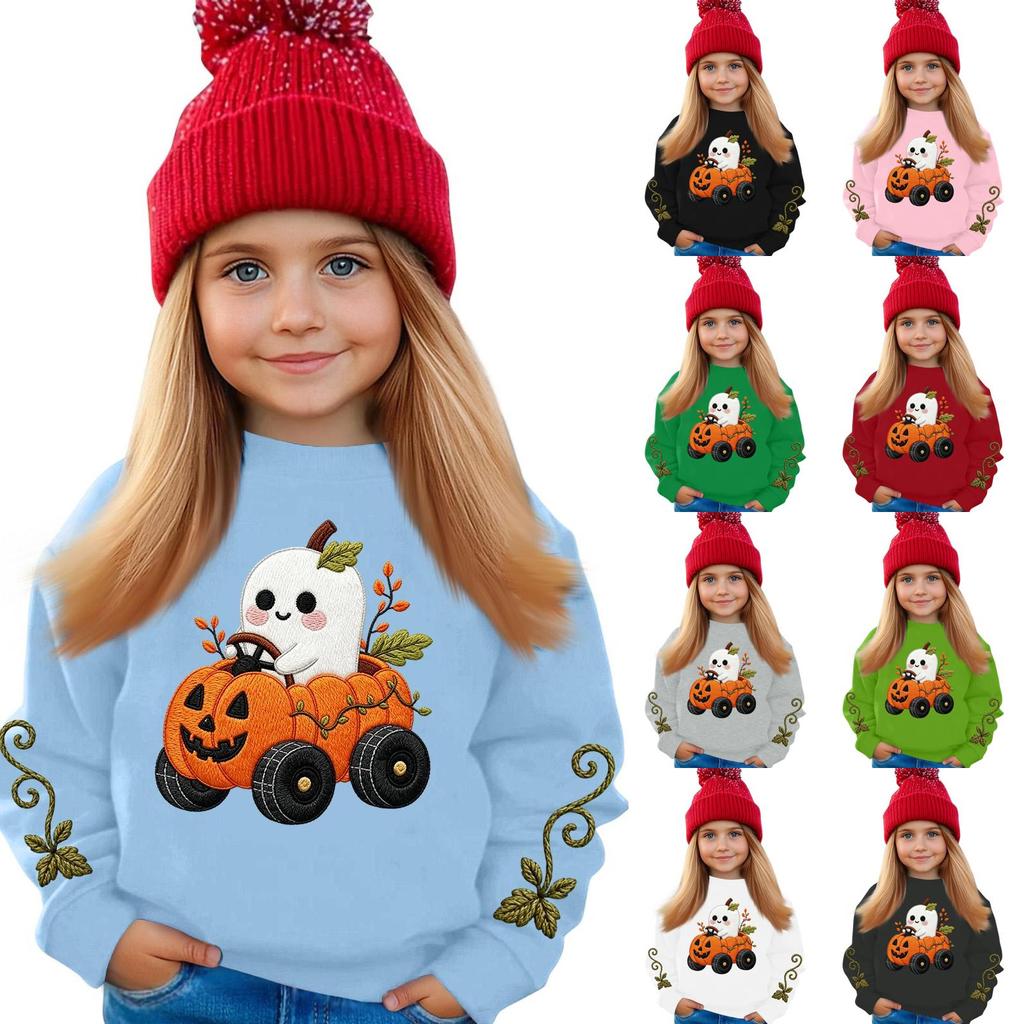 Kids' casual long-sleeved sweatshirt with Halloween print, suitable for holiday parties and everyday wear.