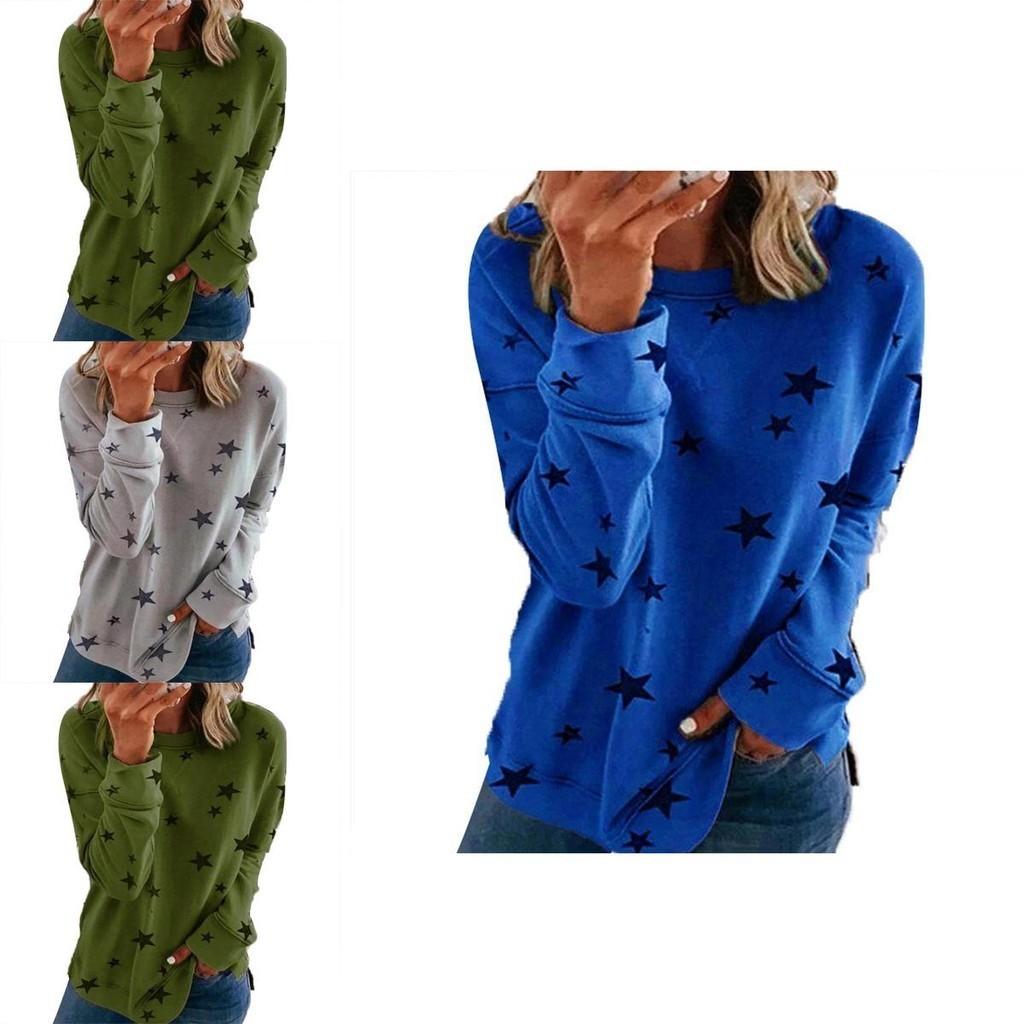 Women Casual Tunic Crew Neck Long Sleeve Star Print Tee Top Blouse For Daily Comfort And Style